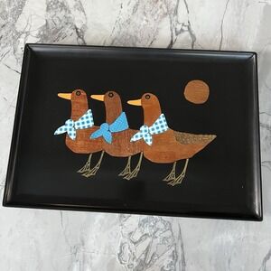 Vintage Couroc Duck in a Row Tray MCM Wood Brass Inlay Serving Three Birds Scarf